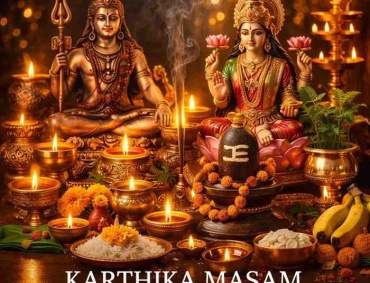 Shiva Lingam, oil lamps, Tulasi plant and Vishnu statue during Karthika Masam rituals in South India