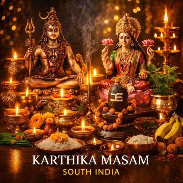 Shiva Lingam, oil lamps, Tulasi plant and Vishnu statue during Karthika Masam rituals in South India