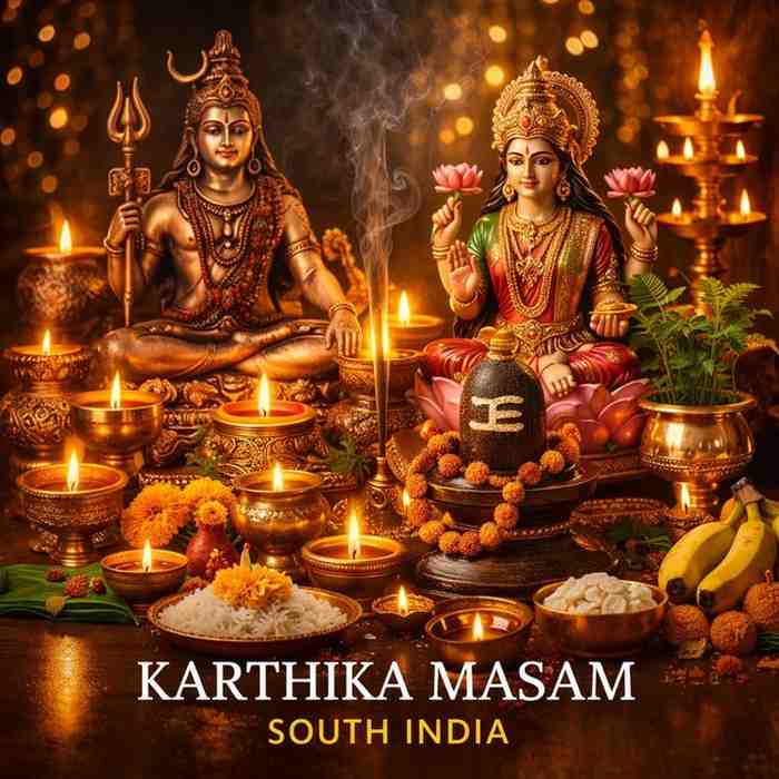 Shiva Lingam, oil lamps, Tulasi plant and Vishnu statue during Karthika Masam rituals in South India