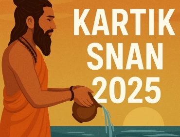 Illustration of a Hindu devotee in saffron attire performing Kartik Snan ritual beside a river at sunrise, with the text “Kartik Snan 2025