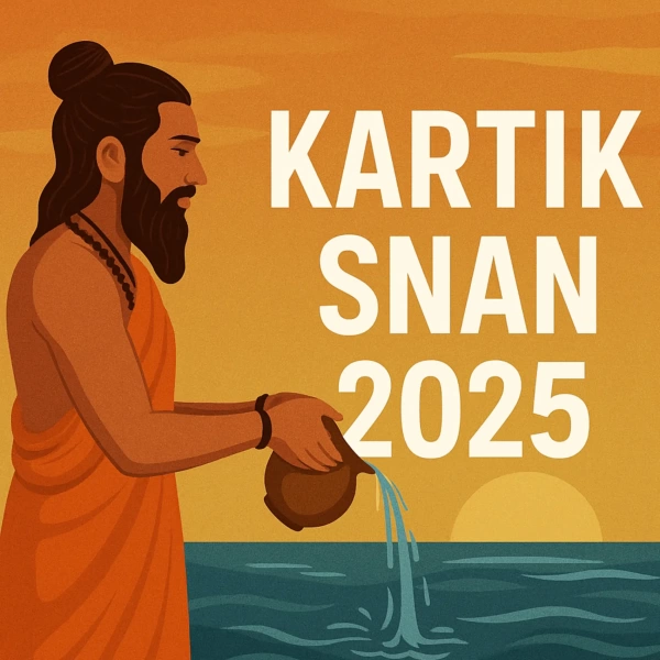Illustration of a Hindu devotee in saffron attire performing Kartik Snan ritual beside a river at sunrise, with the text “Kartik Snan 2025
