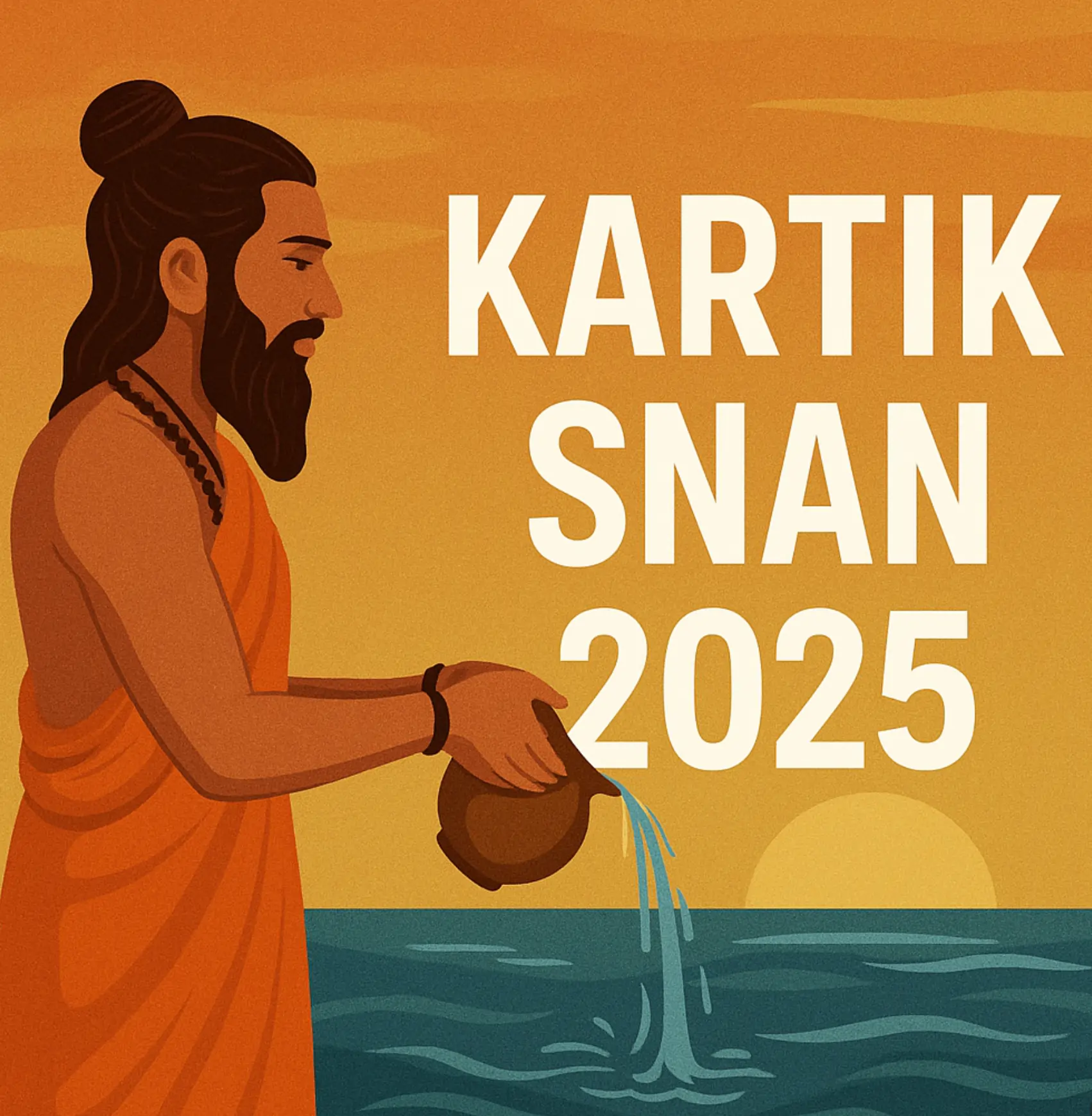 Illustration of a Hindu devotee in saffron attire performing Kartik Snan ritual beside a river at sunrise, with the text “Kartik Snan 2025