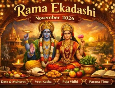 Lord Vishnu and Goddess Lakshmi illustration for Rama Ekadashi November 2026 with puja items, temple background, and fasting elements