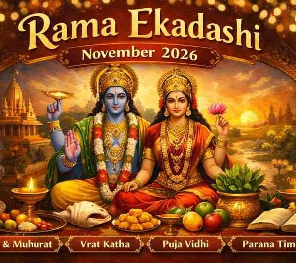 Lord Vishnu and Goddess Lakshmi illustration for Rama Ekadashi November 2026 with puja items, temple background, and fasting elements
