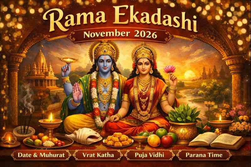 Lord Vishnu and Goddess Lakshmi illustration for Rama Ekadashi November 2026 with puja items, temple background, and fasting elements