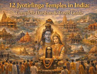 12 Jyotirlinga temples in India collage showing sacred Shiva temples with Lord Shiva, Jyotirlinga shrine, and devotees on pilgrimage.