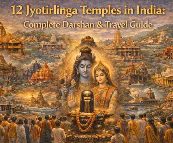 12 Jyotirlinga temples in India collage showing sacred Shiva temples with Lord Shiva, Jyotirlinga shrine, and devotees on pilgrimage.