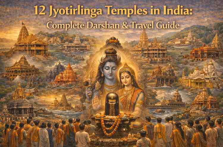 12 Jyotirlinga temples in India collage showing sacred Shiva temples with Lord Shiva, Jyotirlinga shrine, and devotees on pilgrimage.