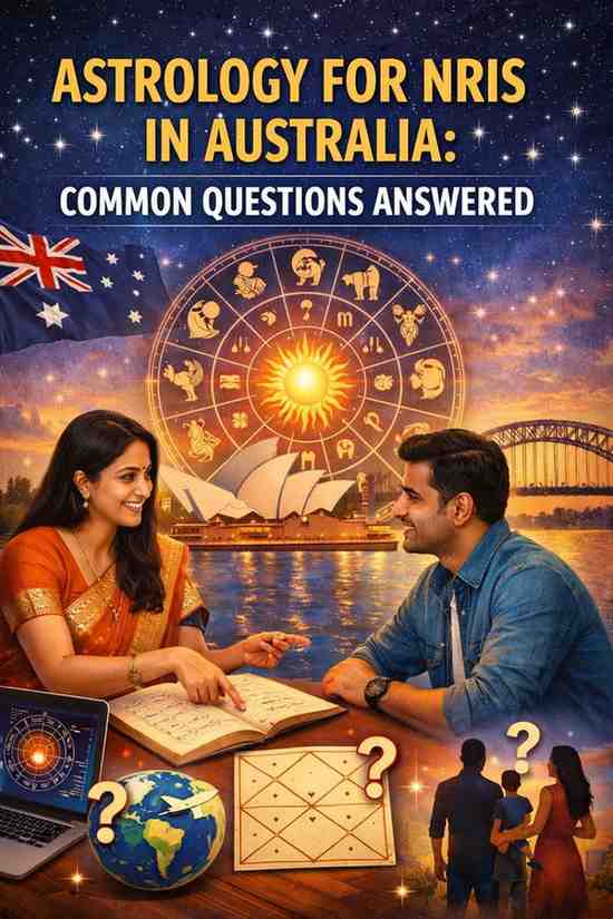 Digital illustration showing an Indian couple discussing astrology with zodiac wheel, Australian landmarks, and question icons, representing astrology for NRIs in Australia."