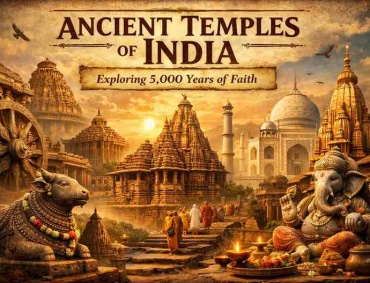 Ancient temples of India showcasing 5,000 years of faith, featuring iconic structures like Konark, Khajuraho, Brihadeeswarar, and sacred Hindu deities in a spiritual landscape.