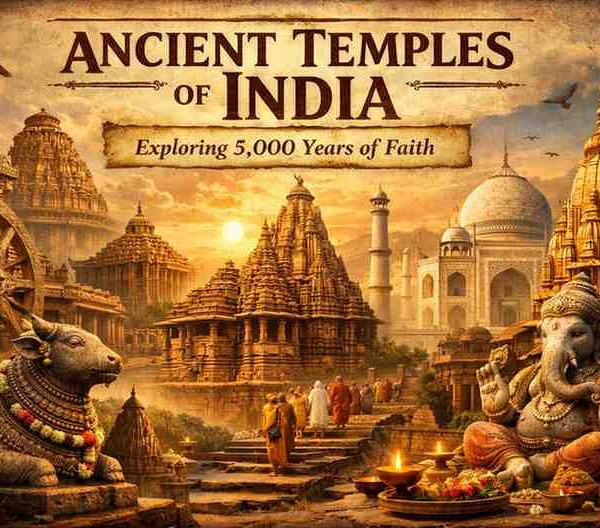 Ancient temples of India showcasing 5,000 years of faith, featuring iconic structures like Konark, Khajuraho, Brihadeeswarar, and sacred Hindu deities in a spiritual landscape.