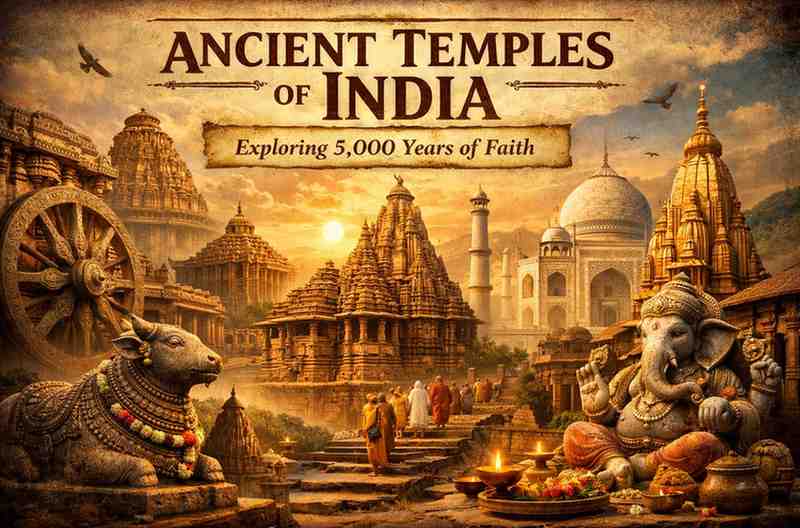 Ancient temples of India showcasing 5,000 years of faith, featuring iconic structures like Konark, Khajuraho, Brihadeeswarar, and sacred Hindu deities in a spiritual landscape.