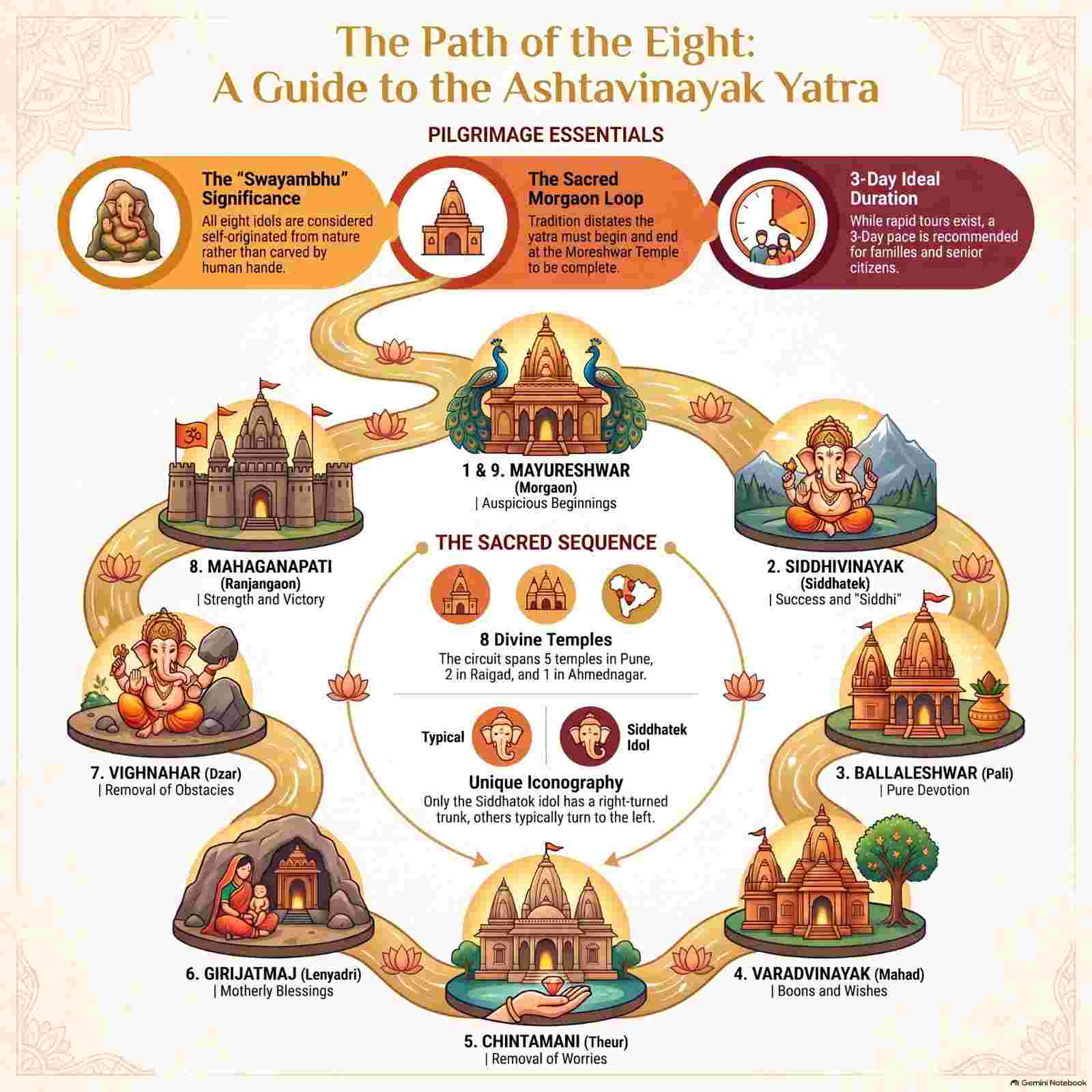Comprehensive guide infographic detailing the 8 Ashtavinayak temples, sequence, and pilgrimage essentials