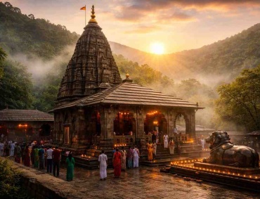 Bhimashankar Jyotirlinga temple at sunrise surrounded by Sahyadri hills, with devotees offering prayers and lamps glowing around the sacred Shiva shrine.