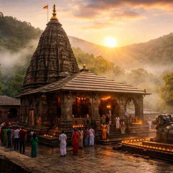 Bhimashankar Jyotirlinga temple at sunrise surrounded by Sahyadri hills, with devotees offering prayers and lamps glowing around the sacred Shiva shrine.