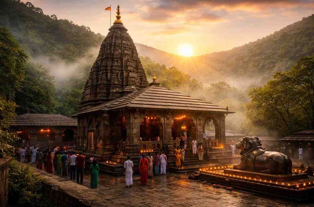 Bhimashankar Jyotirlinga temple at sunrise surrounded by Sahyadri hills, with devotees offering prayers and lamps glowing around the sacred Shiva shrine.
