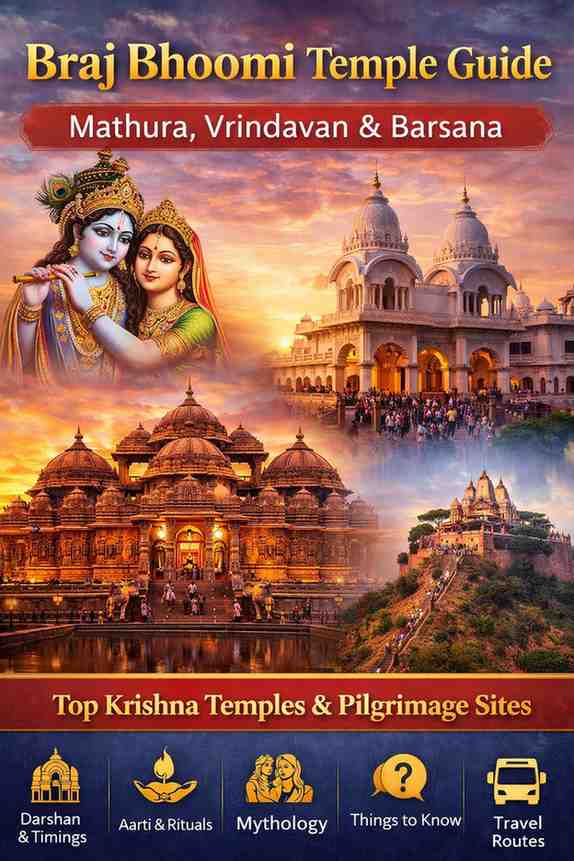 Braj Bhoomi Temple Guide featuring Mathura, Vrindavan and Barsana with Radha Krishna, Banke Bihari Temple, and major pilgrimage sites