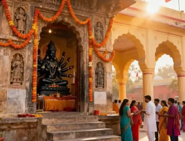 Devotees standing in line for darshan at a sacred Devi temple in India, decorated with marigold garlands during morning aarti.