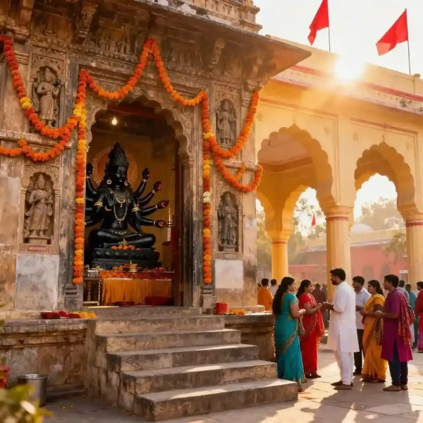 Devotees standing in line for darshan at a sacred Devi temple in India, decorated with marigold garlands during morning aarti.