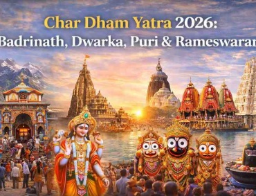 Char Dham Yatra 2026 map showing Badrinath, Dwarka, Puri and Rameswaram pilgrimage temples in India