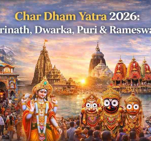 Char Dham Yatra 2026 map showing Badrinath, Dwarka, Puri and Rameswaram pilgrimage temples in India