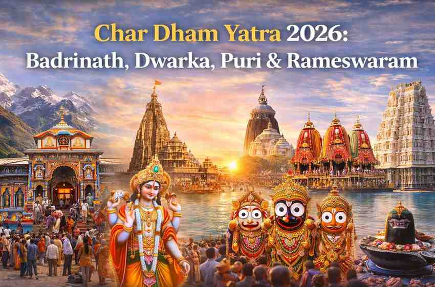 Char Dham Yatra 2026 map showing Badrinath, Dwarka, Puri and Rameswaram pilgrimage temples in India