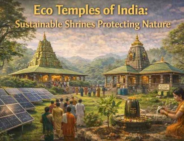 Eco temples of India with solar panels, green temple architecture, devotees visiting sustainable shrines, and plastic-free temple environment.