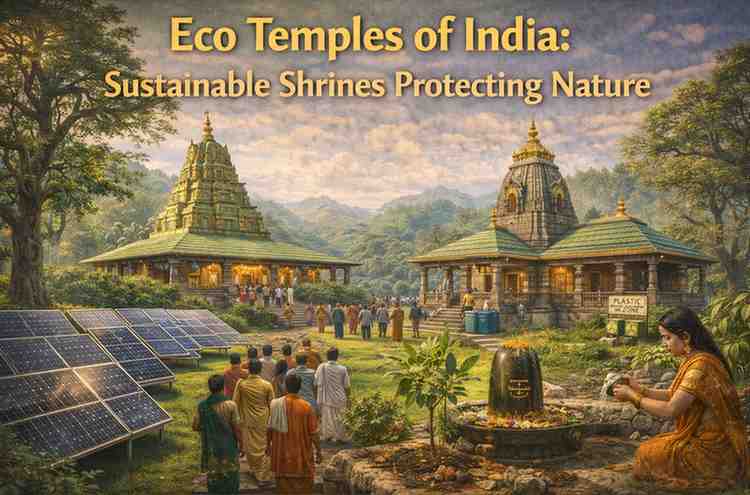 Eco temples of India with solar panels, green temple architecture, devotees visiting sustainable shrines, and plastic-free temple environment.