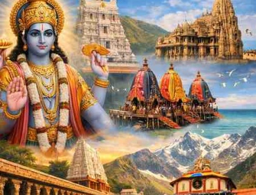 Famous Vishnu temples in India collage featuring Tirupati Balaji Temple, Jagannath Temple Puri, Dwarkadhish Temple, and Badrinath Temple with Lord Vishnu illustration.