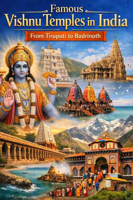 Famous Vishnu temples in India collage featuring Tirupati Balaji Temple, Jagannath Temple Puri, Dwarkadhish Temple, and Badrinath Temple with Lord Vishnu illustration.