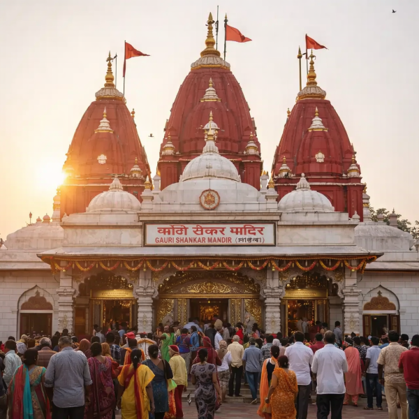 Devotees gathered at Gauri Shankar Mandir in Chandni Chowk, Delhi during evening aarti with the iconic red shikhars glowing at sunset.