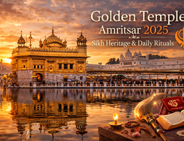 Golden Temple Amritsar at sunrise with reflection in holy sarovar, showcasing Sikh heritage, devotees, and daily rituals with sacred symbols and Guru Granth Sahib.