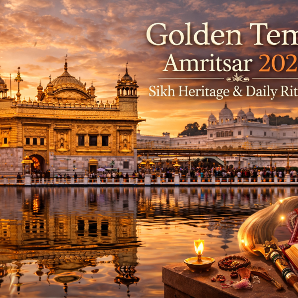 Golden Temple Amritsar at sunrise with reflection in holy sarovar, showcasing Sikh heritage, devotees, and daily rituals with sacred symbols and Guru Granth Sahib.