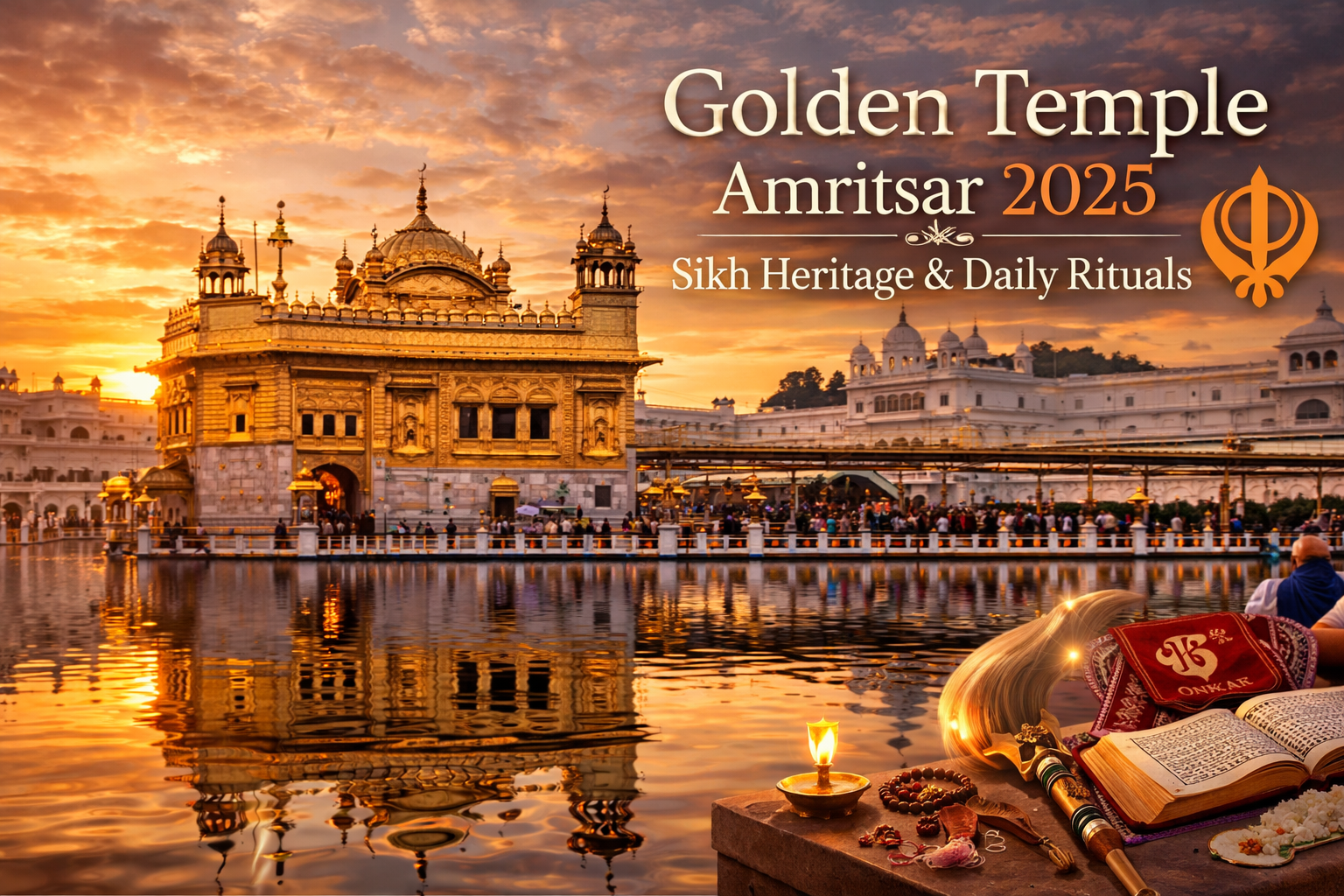 Golden Temple Amritsar at sunrise with reflection in holy sarovar, showcasing Sikh heritage, devotees, and daily rituals with sacred symbols and Guru Granth Sahib.