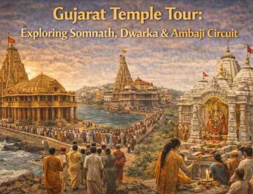 Gujarat temple tour collage showing Somnath Jyotirlinga Temple by the Arabian Sea, Dwarkadhish Temple in Dwarka, and Ambaji Temple with devotees.