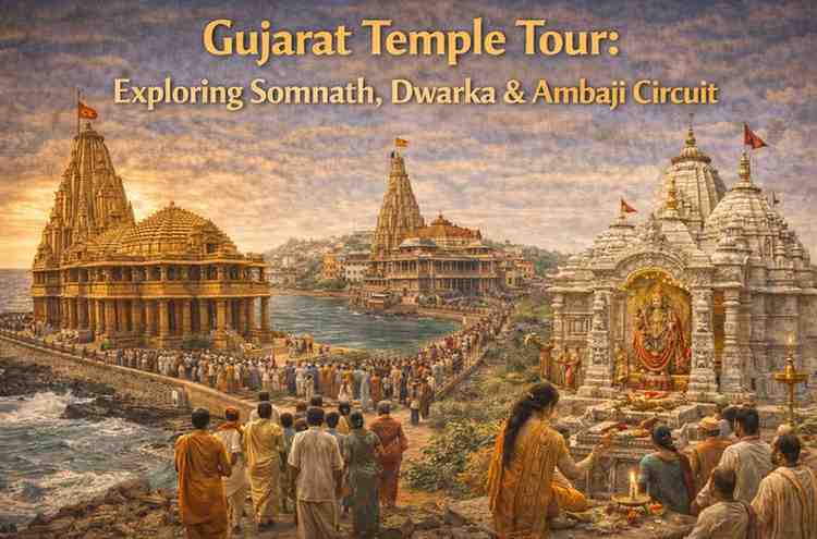 Gujarat temple tour collage showing Somnath Jyotirlinga Temple by the Arabian Sea, Dwarkadhish Temple in Dwarka, and Ambaji Temple with devotees.