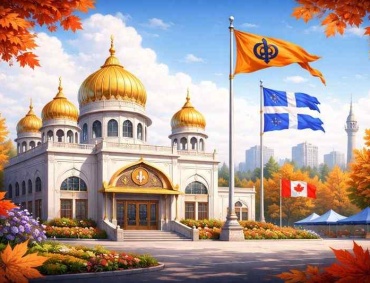 Gurdwara Shaheed Baba Deep Singh Ji in Laval, Quebec during autumn, with golden domes, Nishan Sahib flag and colorful maple trees.”