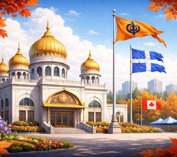 Gurdwara Shaheed Baba Deep Singh Ji in Laval, Quebec during autumn, with golden domes, Nishan Sahib flag and colorful maple trees.”