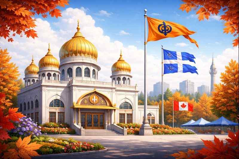 Gurdwara Shaheed Baba Deep Singh Ji in Laval, Quebec during autumn, with golden domes, Nishan Sahib flag and colorful maple trees.”