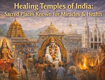 Healing temples of India collage featuring sacred pilgrimage sites, Sai Baba Shirdi temple, Velankanni church, and devotees praying for health and miracles.