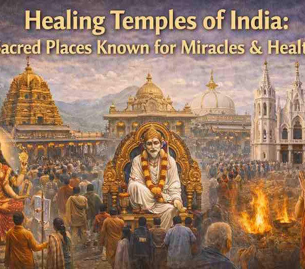 Healing temples of India collage featuring sacred pilgrimage sites, Sai Baba Shirdi temple, Velankanni church, and devotees praying for health and miracles.