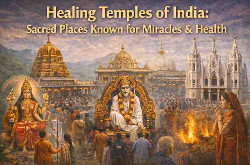 Healing temples of India collage featuring sacred pilgrimage sites, Sai Baba Shirdi temple, Velankanni church, and devotees praying for health and miracles.
