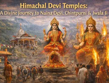 Himachal Devi temples collage showing Naina Devi Temple, Chintpurni Temple, and Jwala Ji Temple with devotees and sacred flames in Himachal Pradesh.