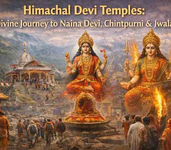 Himachal Devi temples collage showing Naina Devi Temple, Chintpurni Temple, and Jwala Ji Temple with devotees and sacred flames in Himachal Pradesh.