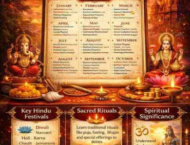 Hindu Festivals & Vrata Guide calendar infographic showing yearly Hindu festival list, sacred rituals, spiritual significance, and traditional puja setup