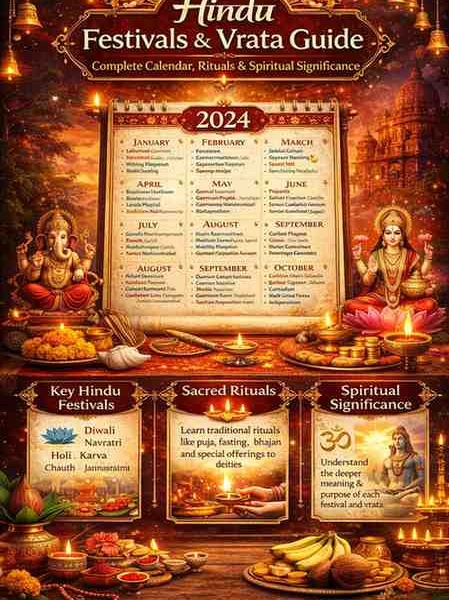 Hindu Festivals & Vrata Guide calendar infographic showing yearly Hindu festival list, sacred rituals, spiritual significance, and traditional puja setup
