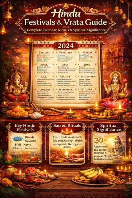 Hindu Festivals & Vrata Guide calendar infographic showing yearly Hindu festival list, sacred rituals, spiritual significance, and traditional puja setup