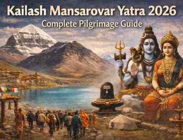 Kailash Mansarovar Yatra 2026 pilgrimage showing Mount Kailash, Lake Mansarovar, Lord Shiva and Parvati, and devotees walking on the sacred journey.