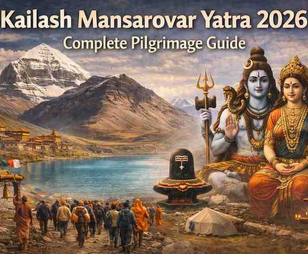 Kailash Mansarovar Yatra 2026 pilgrimage showing Mount Kailash, Lake Mansarovar, Lord Shiva and Parvati, and devotees walking on the sacred journey.
