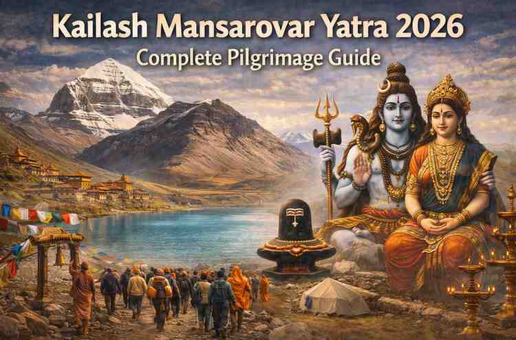 Kailash Mansarovar Yatra 2026 pilgrimage showing Mount Kailash, Lake Mansarovar, Lord Shiva and Parvati, and devotees walking on the sacred journey.
